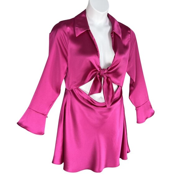 Zara XL NWT Blogger Favorite Pink Satin Cut Out Mini Dress Bell Sleeves Coquette - Picture 4 of 16
